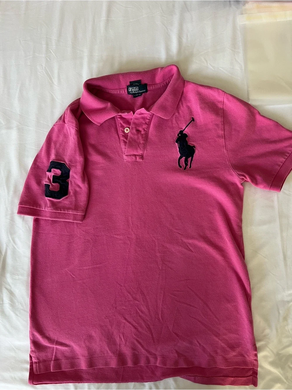 Ralph Lauren Kids Bright Pink Polo with Navy Pony & Sleeve 3